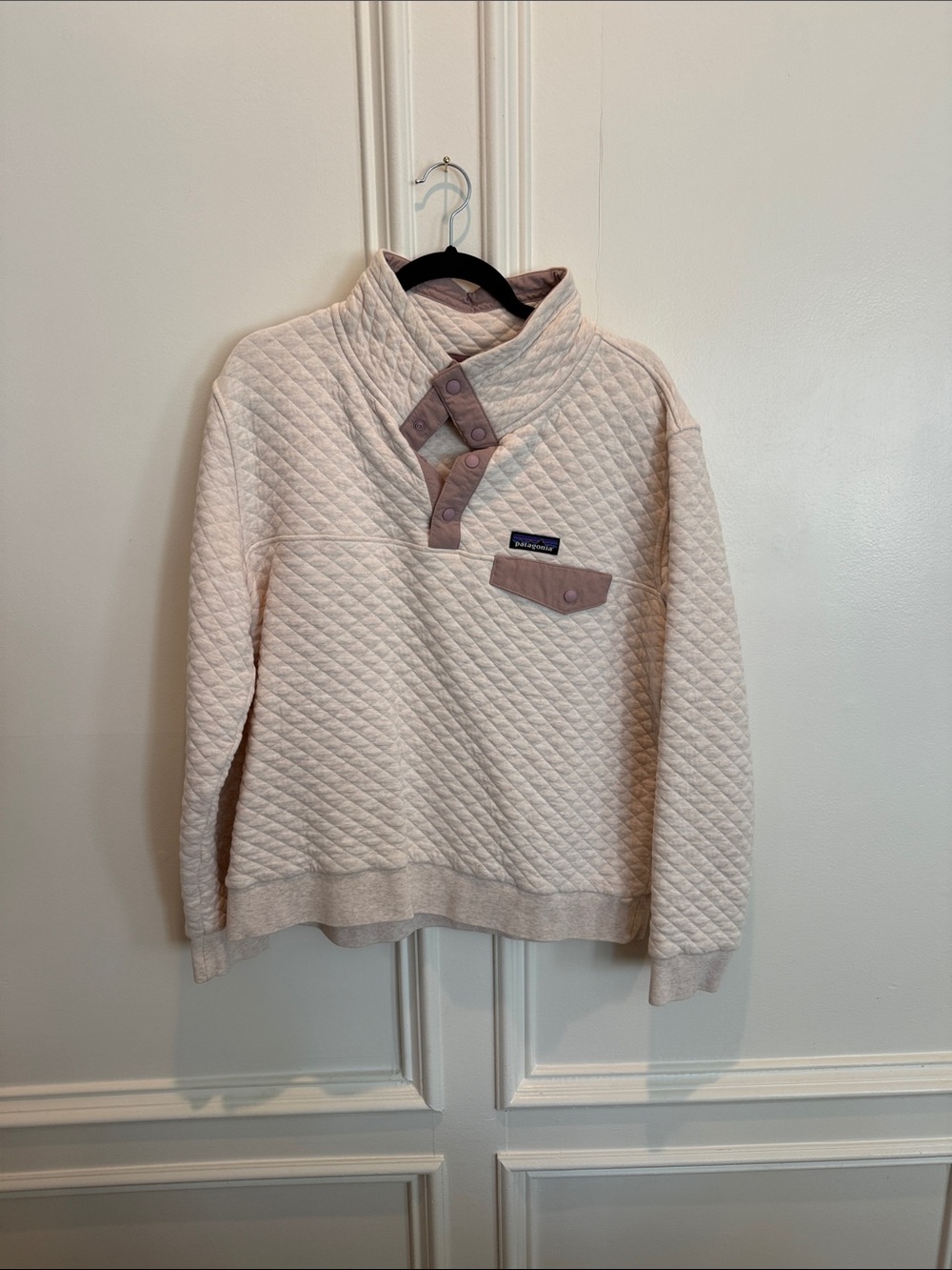 Patagonia Quilted Snap-Button Pullover - Light Cream with Dusty Pink Trim